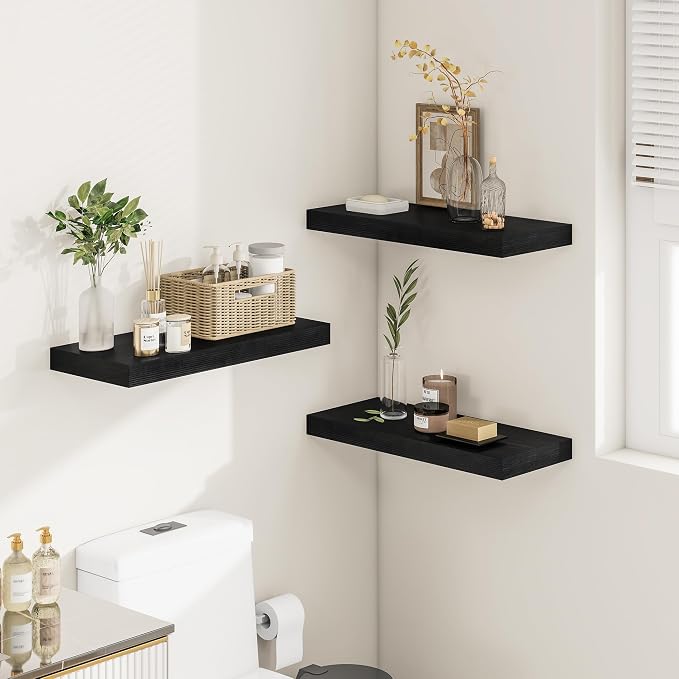 Vivelove Deep Floating Shelves for Wall 16x12” Set of 2, Black | Easy Install With Hardware, 2" Thick, Invisible Brackets, Wall Mounted, No Sagging, For Any Room