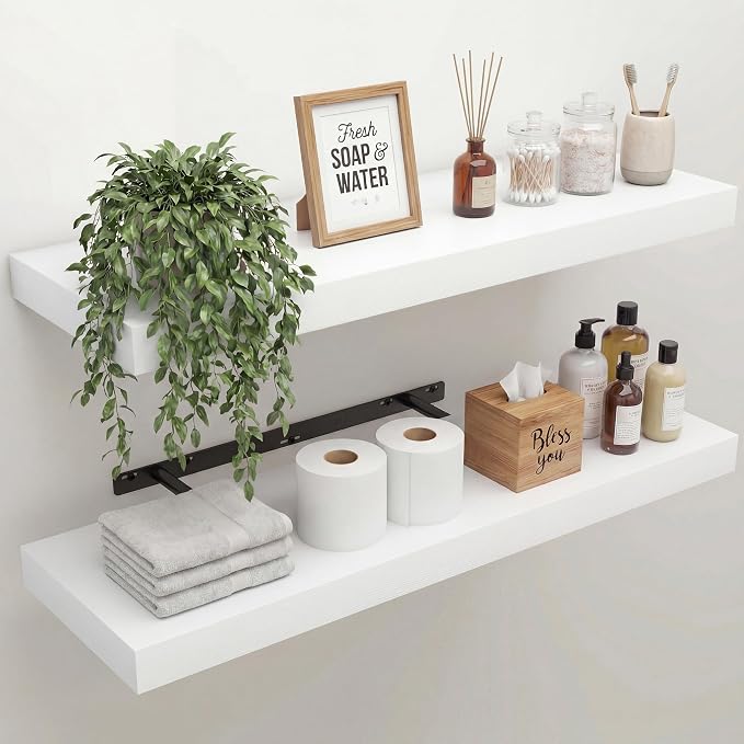 30 in Floating Shelves for Wall Decor Color White,Pack 2 | Modern floating shelves for living room,bedroom,kitchen and bath.Organize & display books,photos and decor.easy mount,sturdy.