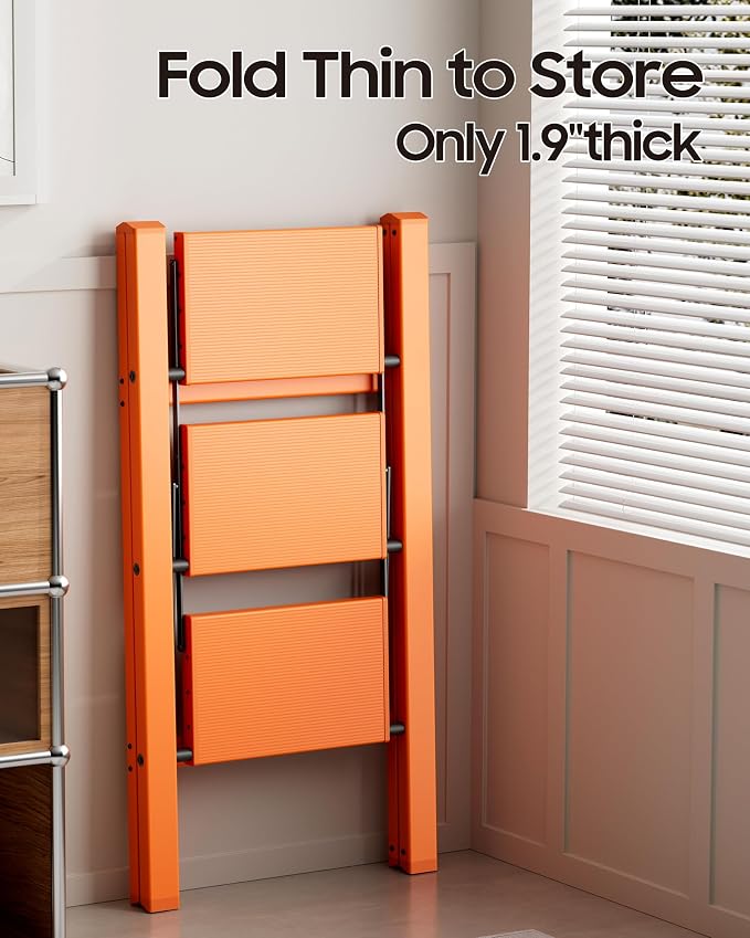 HillhutApex Aluminum Step Stool Foldable,3 Step Ladder (Orange) | Lightweight Portable step ladder with Anti-Slip Wide Pedal,330lbs Capacity Ladder for Household,Office,Kitchen