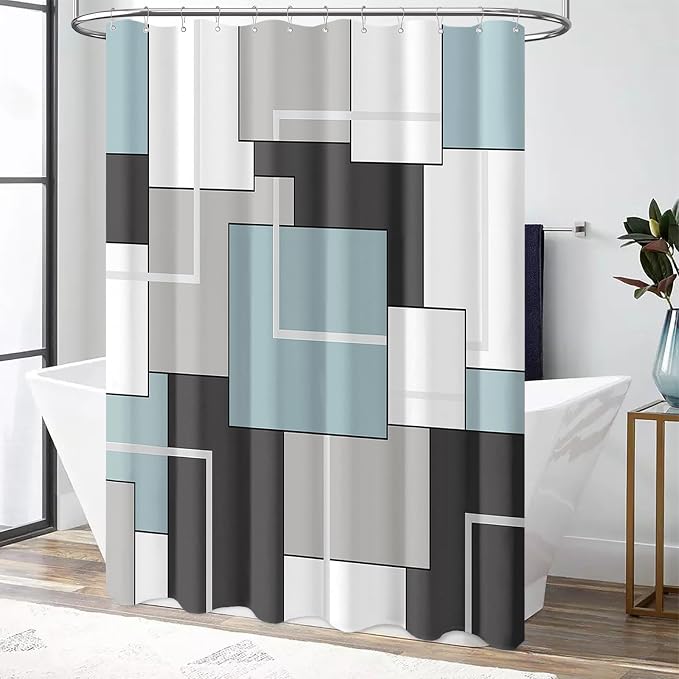 54x78 Stall Geometric Waterproof Fabric Shower Curtain Set, Fog Blue | Narrow Long, Premium Polyester, Weighted Hem, 10 Plastic Hook, Vibrant Color, Wrinkle-resistant, Quick-Dry, Machine Washable
