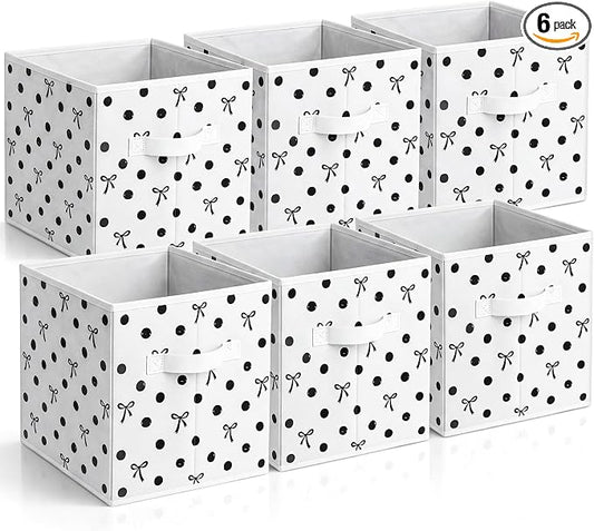 Reallnaive 6 Pcs 11 Inch Bow Cube Storage Bins | Polka Dot Fabric Storage Basket Foldable Classroom Organizer Bins for Books Home Nursery Playroom Bedroom School Organizing