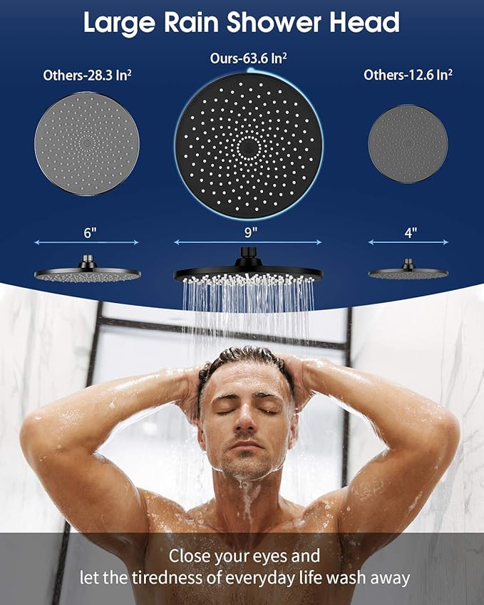 Rain Shower Head VMASSTONE 9In High Pressure Showerhead - Tool Free Installation- with Large Spray Surfaces and 200 Nozzles for Delicate and Unstimulate Shower Experience (EM-001 Matte Black/Black)