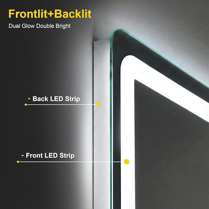 LED Bathroom Mirror with Lights, 20"x30" Lighted Vanity Mirror for Wall | Anti-Fog, Dimmable 3 Color Light, Backlit+Frontlit, Shatterproof Tempered Glass, Memory Function
