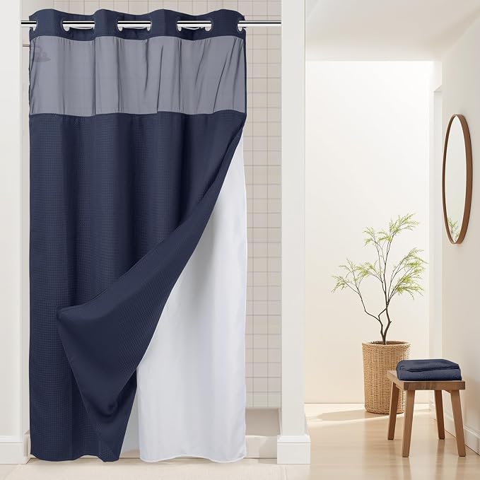 River Dream Heavyweight Waffle No Hook Shower Curtain with Liner,Navy,54x80 | Dotted Waffle,Snap-in Liner,Heavy Duty,Quick Dry,Mesh Top Window,With Bottom Magnets,Hotel-Grade,Washable,Stall Long Size