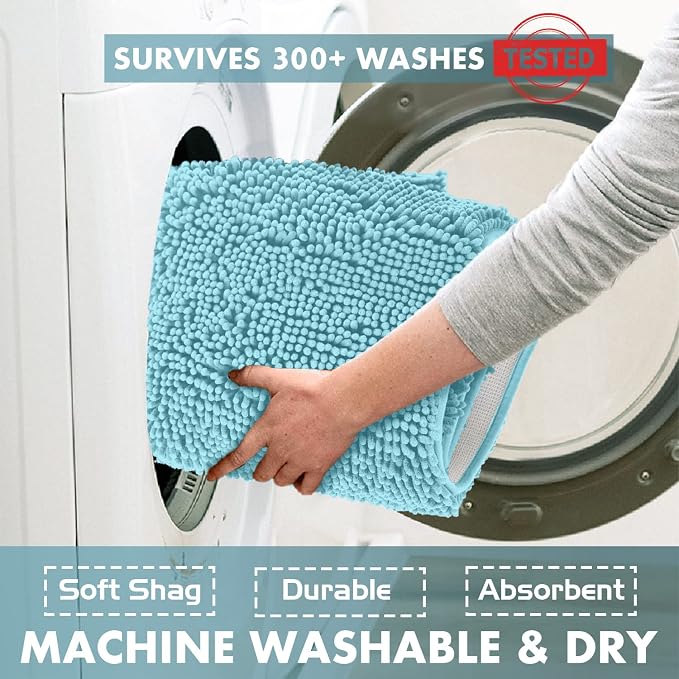 LuxUrux Bath Mat, Extra-Soft Plush Non-Slip Bathroom Rug, Luxury Chenille Microfiber Material, Super Absorbent Shaggy Bath Rug. Machine Wash & Dry (17 x 24 inches, Spa Blue)