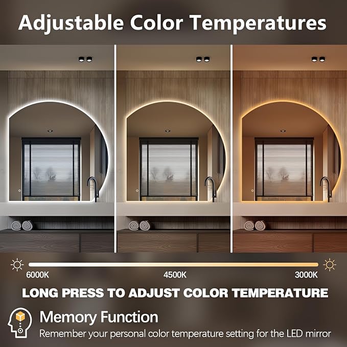 Niccy Half Moon LED Mirror for Bathroom, 40" Backlit + Front Lit Lighted Semi Round Makeup Mirrors for Wall, Anti-Fog, Dimmable 3-Colors, Memory Function, Shatterproof Smart Vanity Mirror