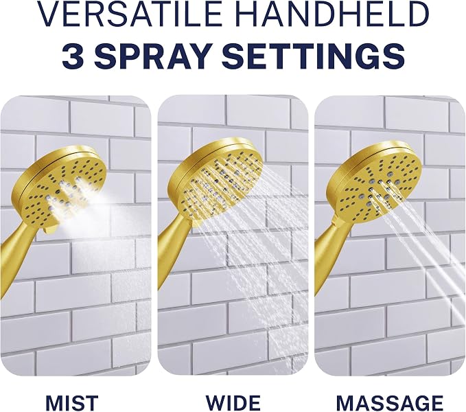HammerHead Showers® Solid Metal 3-Spray Handheld Shower Head with Long Hose and Holder - BRUSHED GOLD - WIDE, MASSAGE, and MIST Sprays - 1.8 GPM Low Flow Handheld Showerhead - Water Saving Shower Head