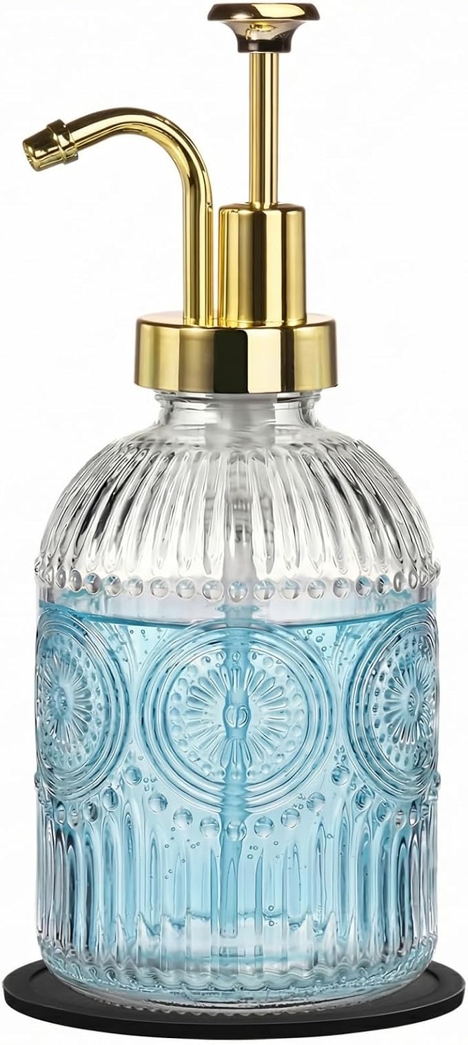 SheeChung 12oz Vintage Glass Soap Dispenser with Gold Pump, Clear, 1 Pack | Refillable Dish and Hand Soap Dispenser for Bathroom Kitchen, Rustic Liquid Lotion Bottle,BPA-Free,Funnel,Mat,Farmhouse Decor