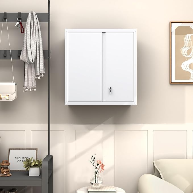 GREATMEET Locking Metal Wall Cabinet, Metal Storage Cabinet with 2 Shelves, Wall Mount Cabinet with Lock, Floating Garage Cabinets with Adjustable Shelf