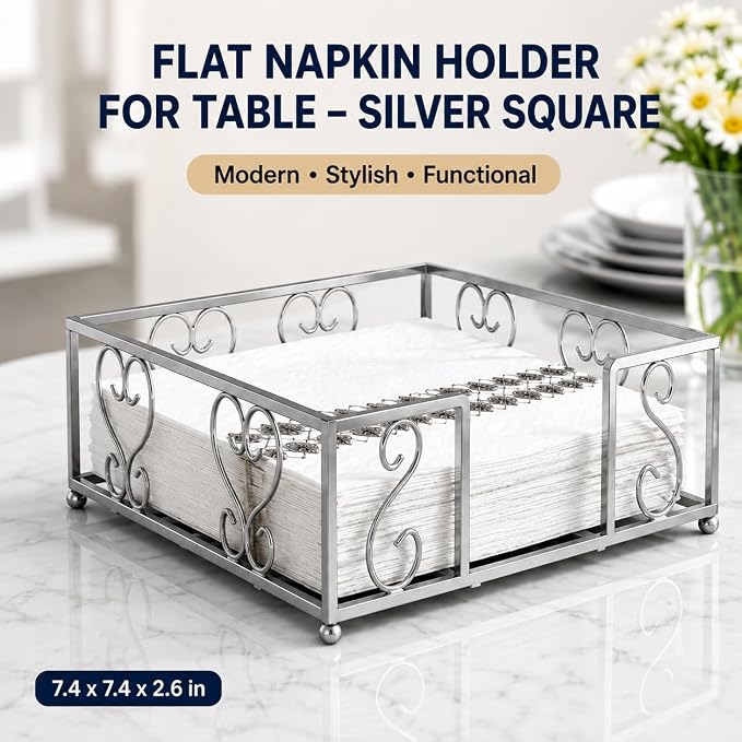 Flat Napkin Holder for Table, Silver Metal Weighted Paper Caddy | Lunch Napkins, Dinner Napkins & Everyday Use