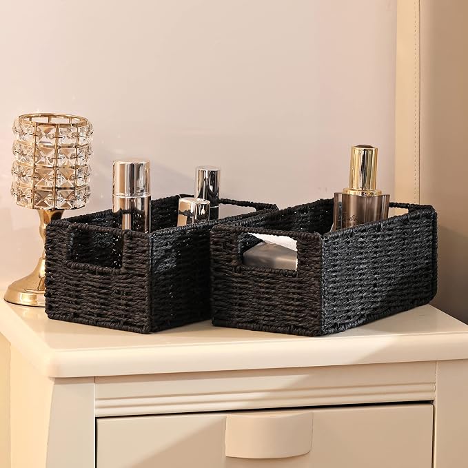 Wicker Storage Basket, Set of 2 Hand-Woven Paper Rope Wicker Basket, Small Storage Baskets for Organizing Toilet Paper Basket, Foldable Large Cube Storage Organizer Bins for Shelves (Black)