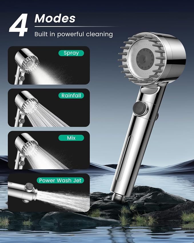 Filtered Shower Head with Handheld 3PCS Filters ShowerHead | 4 Spray, High Pressure Shower Heads with ON/OFF Button, Water Softener for Hard Water, 70" Hose, Remove Chlorine