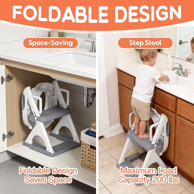 Potty Training Toilet for Toddlers, 2-in-1 Potty Training seat, Anti-Slip | SKYROKU, Fits Round & Elongated Toilets, 6 Heights, Splash Guard, Foldable, Holds 200+ lbs, Step Stool, Dishwasher Cushion