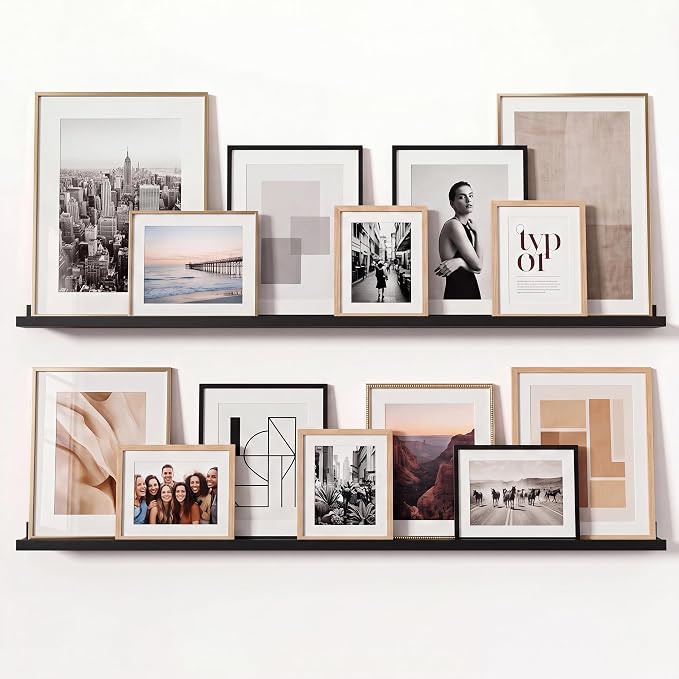 Black Picture Ledge Shelves for Wall, 4.5" Deep Wood Floating Shelves with Lip for Bedroom, Living Room, 48" Width, Color Black Set of 2