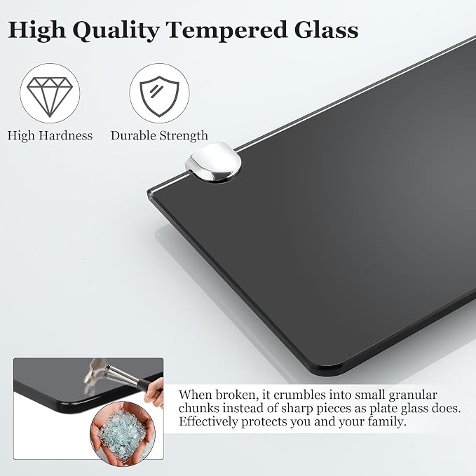 SAYAYO Glass Floating Shelves for Wall, Tempered Glass Shelves for Bathroom | Living Room, Bedroom, Office, Toilet, Kitchen Decor, 12 Inch Set of 3, Black