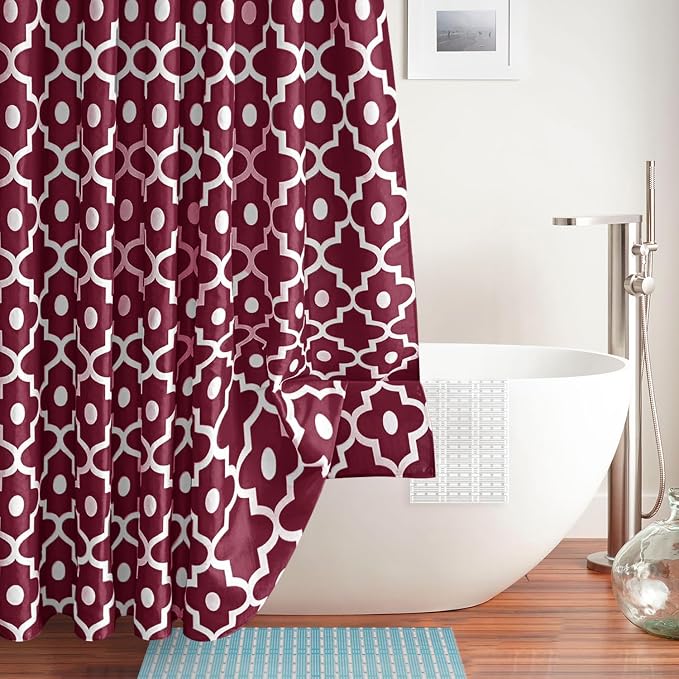 Biscaynebay Extra Long Textured Fabric Shower Curtains 72" W x 84" L, Burgundy Morocco Pearl Printed Hotel Spa Luxury Decorative Bathroom Curtain Machine Washable