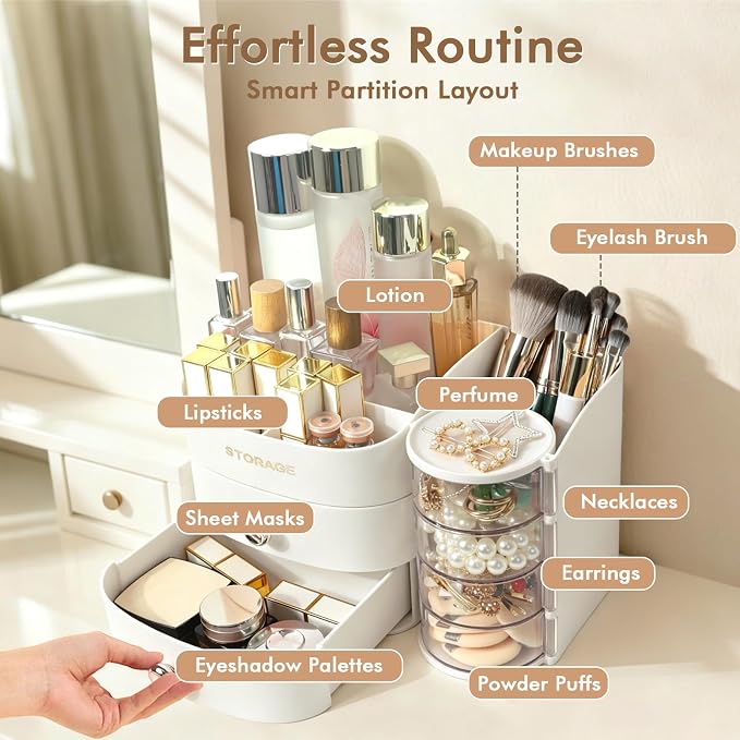 Makeup Organizer Countertop, Make Up Organizer for Vanity | Skincare & Cosmetic Organizers with Drawers, Bathroom Storage for Brush Holder|Lipstick|Jewelry, Ideal Gift for Women, White
