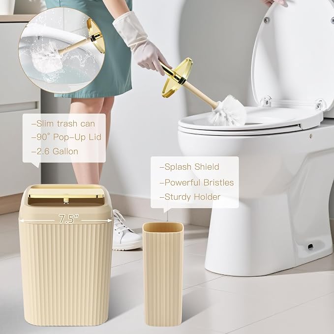 21PCS Bathroom Sets with Shower Curtain and Rugs Bathroom Accessories Set Beige Bathroom Set Complete with Trash Can, Toilet Brush, Qtip Holder & 3PCS Soap Dispenser
