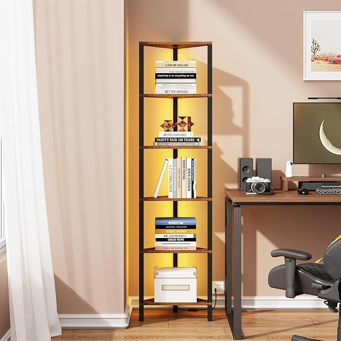 TUTOTAK Corner Shelf with LED Light, 6-Tier Corner Bookshelf | for Small Space, Narrow Display Corner Shelf Stand with Storage Rack, for Living Room, Bedroom, Rustic Brown BS05BB006L