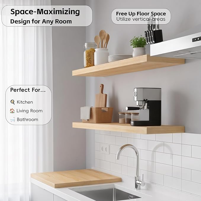 Lufia Floating Wall Shelves, Set of 2, MDF with Invisible Brackets, Modern Storage for Bedroom, Bathroom, Living Room, Kitchen (Natural, 24" W x 7" D x 1.5" H (2 Pieces))
