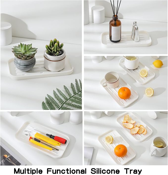 MicoYang Silicone Kitchen Sink Organizer Tray for Multiple Usage,Eco-Friendly Sponges Holder for Kitchen Bathroom Counter or Sink,Dish Soap Dispenser,Scrubber,Bottle,Cup (White, 10"×5.3")