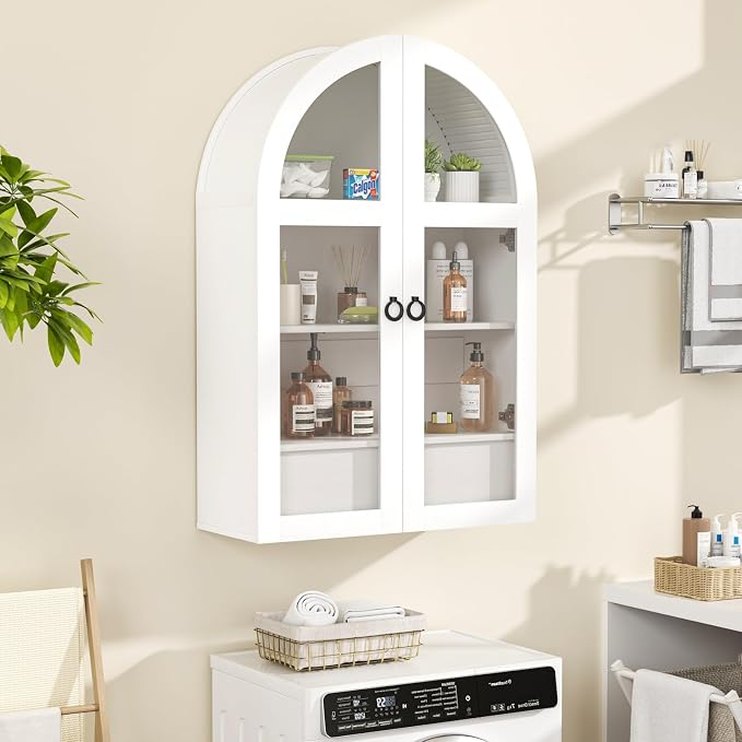 Arched Medicine Cabinet, White Bathroom Wall Cabinet with Tempered Glass Door and Adjustable Shelf for Kitchen, Living Room, Entryway, Laundry Room, Apartment, Office, Small Space