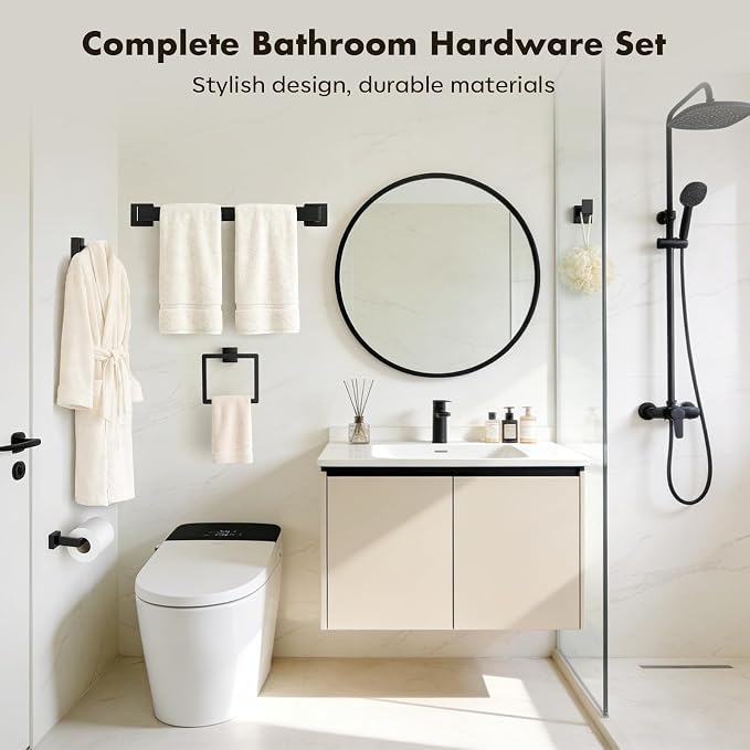 15-Pieces Matte Black Bathroom Accessories Set, 24 Inch Bath Towel Bar Set | Stainless Steel, Towel Ring, Toilet Paper Holder, Robe Hooks, Towel Racks for Bathroom Wall Mounted, Bathroom Hardware Set