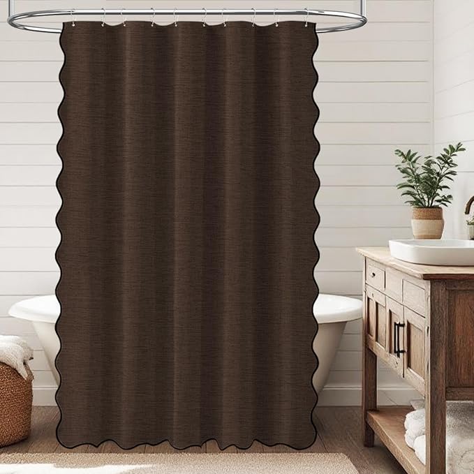 60x72 Boho Scalloped Linen Textured Cloth Shower Curtain Set, Brown | Narrow Size, 230GSM Waterproof Polyester, Heavy Duty Fabric, 10 Plastic Hooks, Chic Modern Farmhouse Style, Machine Washable