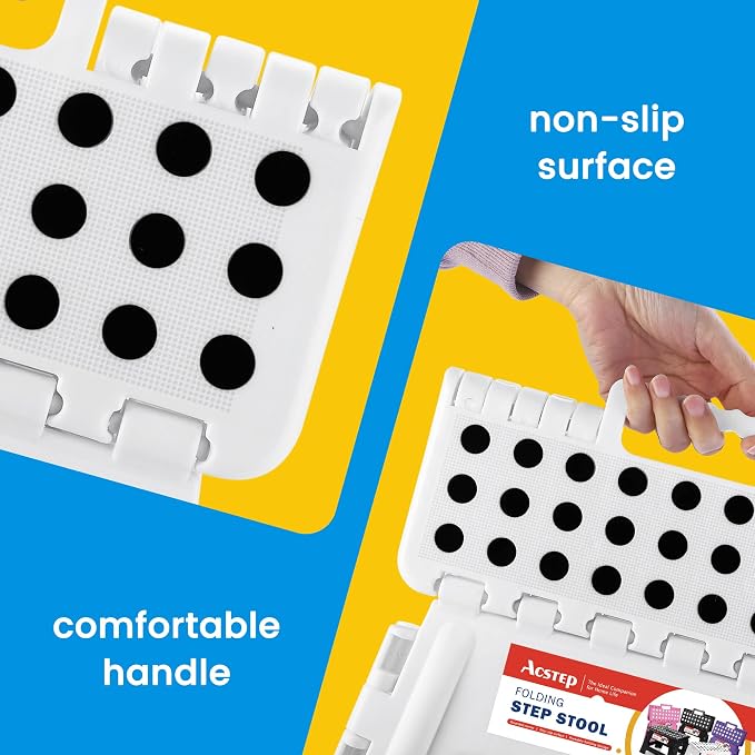 11 Inch Folding Step Stool for Kids, Non-Slip Foldable Stools, White | Heavy Duty Collapsible Foot Stool, Lightweight with Built-in Handle, Holds 300 lb for Adults Kitchen Bathroom Bedroom Outdoor
