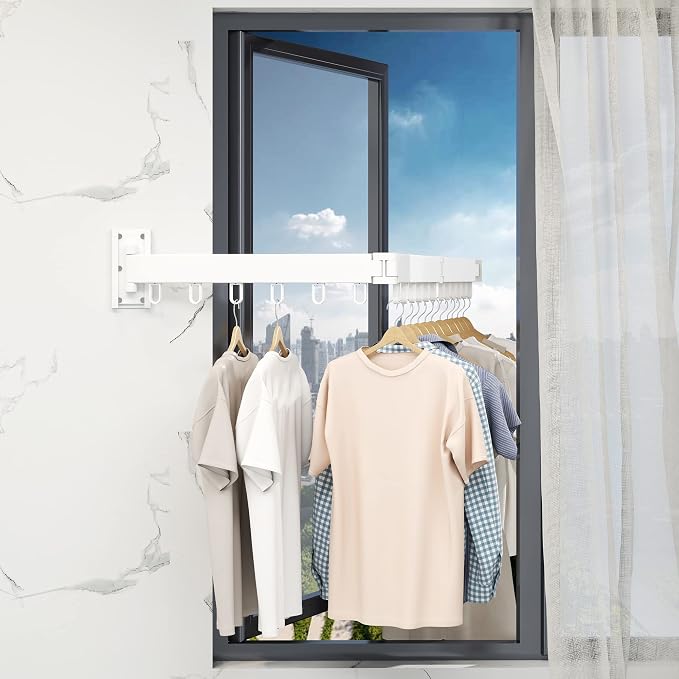 HEILAIYI Clothes Drying Rack,Laundry Drying Rack,Wall Mounted Clothes Rack,Laundry Rack Wall Mount,Folding Retractable Collapsible Drying Rack Clothing (Three-Poles,Loop Hooks,White)