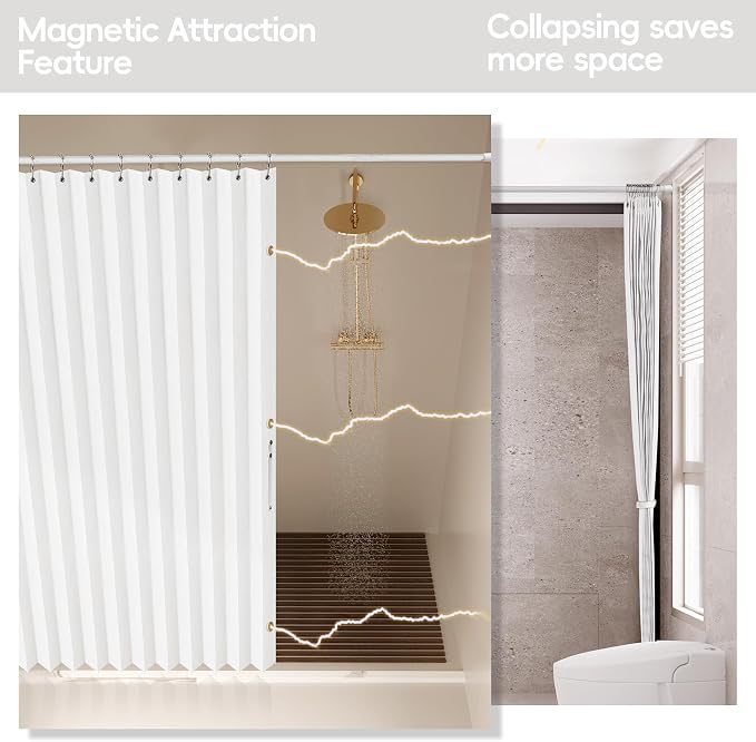 AJAZZ Magnetic Folding Shower Curtains Fabric Polyester Material Waterproof Shower Curtain Suitable for Family Hotel Homestay (White,77" W x 72" L) 1 Panel