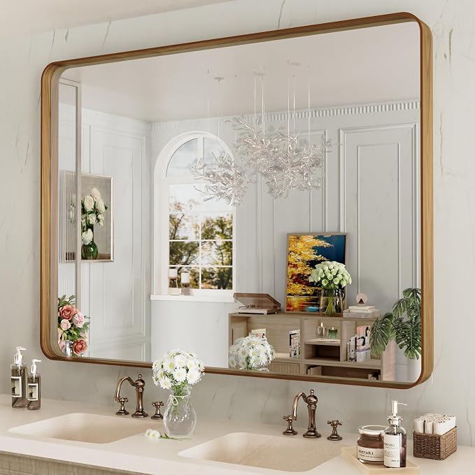 LOAAO 48X36 Inch Bathroom Mirror with Wood Grain Colored Metal Frame | Rounded Rectangle Metal Framed, Anti-Rust, Hangs Horizontally or Vertically, Tempered Glass