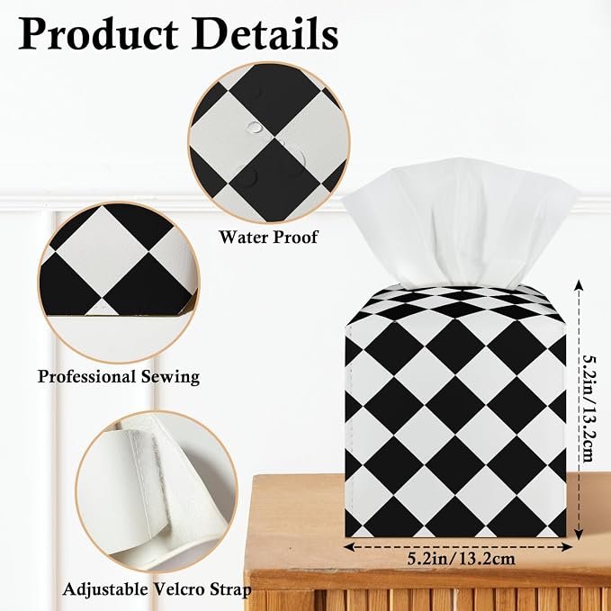 Black and White Checkered Tissue Box Covers Square, Leather Tissue Box Holders Decorative for Car Nightstand Home Office Bathroom Organizer, Square Facial Paper Organizer Home Decor -015