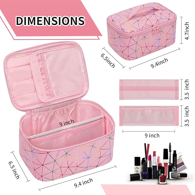 Makeup Bag - Portable Large Capacity Travel Cosmetic Case for Women with Handle and Divider Toiletry Organizer for Girls on the Go -Geometric Pink