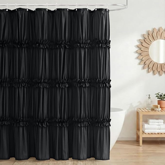 LIPA Boho Shower Curtain Rustic Ruffle Shower Curtain with Ruched & Bow Vintage Farmhouse Shower Curtains for Bathroom Bohemian Bathroom Decor(Black,72x78 Inches)