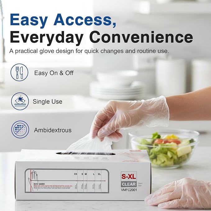 Schneider Medical Vinyl Exam Disposable Gloves Latex Free | Powder free, clear，Food Safe, Cleaning, Exam，Cooking，Food Prep， Comfortable Fit, Ambidextrous, Unisex