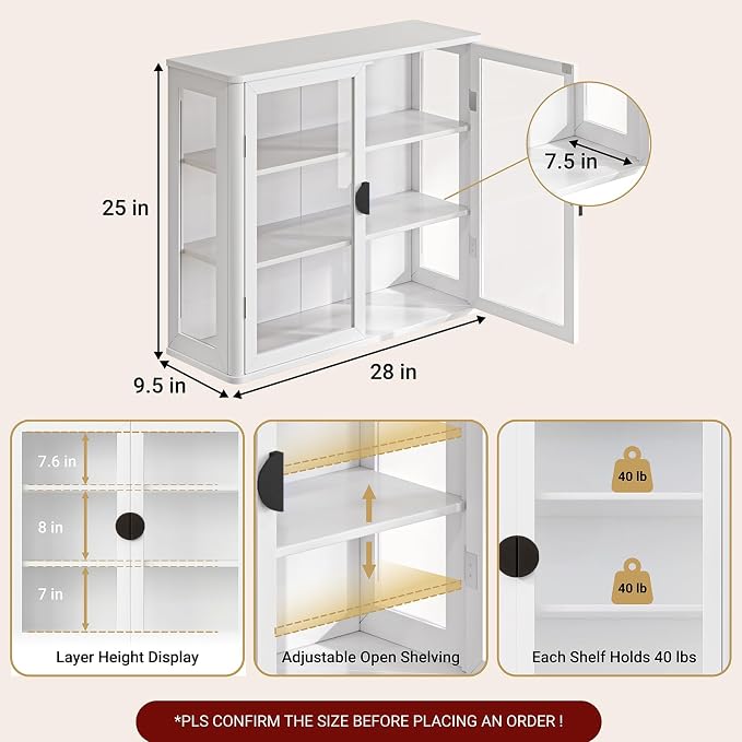 FIMELLO 28’’W Wall Cabinet with Tempered Glass Doors, Bathroom Cabinet Wall Mount, Kitchen Wall Cabinet, Floating Cabinet for Bathroom, Wall Mount Salon Station for Barber, Beauty, White