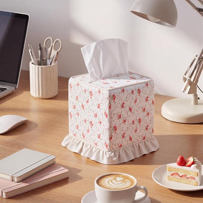 Hushee Cottagecore Ruffle Tissue Box Cover Floral Print Tissue Box Handmade Cotton Square Napkin Holder for Home Bedroom Living Room Bathroom Vanity Countertop Car Office Kitchen(Pink)