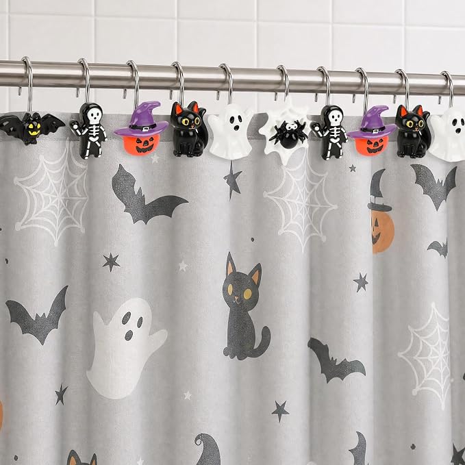 Halloween Shower Curtain Hooks 12 Pcs Ghost Pumpkin Decor Set | Resin Metal Standard Size, Smooth Gliding Rustproof, Bat Skull Spider Cat Designs, Bathroom Festive Home Accents