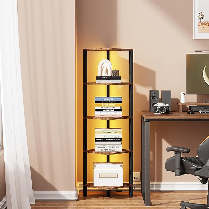 TUTOTAK Corner Shelf with LED Light, 5-Tier Corner Bookshelf | for Small Space, Narrow Display Corner Shelf Stand with Storage Rack, for Living Room, Bedroom, Rustic Brown BS08BB005L
