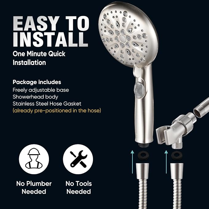 Cobbe 9 Spray Modes Handheld Shower Head, Water-Saving, Brushed Nickel | Power Rinse, 1-Click Pause & Flow Control, 6ft Stainless Steel Hose, Adjustable Brass Bracket