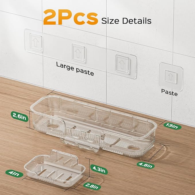 HAMITOR 2 Pack Adhesive Shower Caddy, Clear Transparent Shower Organizer | Modern Clear Design, Waterproof Adhesive Setup, Quick Drainage Shelves, Perfect for Homeowner, Apartments & Stylish Bathrooms
