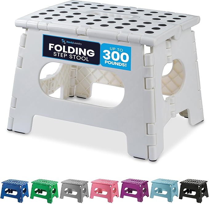Handy Laundry Folding Step Stool 9 Inch, White, Non-Slip Holds 300 lbs | 9 Inch, White, Foldable Collapsible Step Stool, Non-Slip, Holds 300 lbs, Kitchen Bathroom Bedroom, Adults