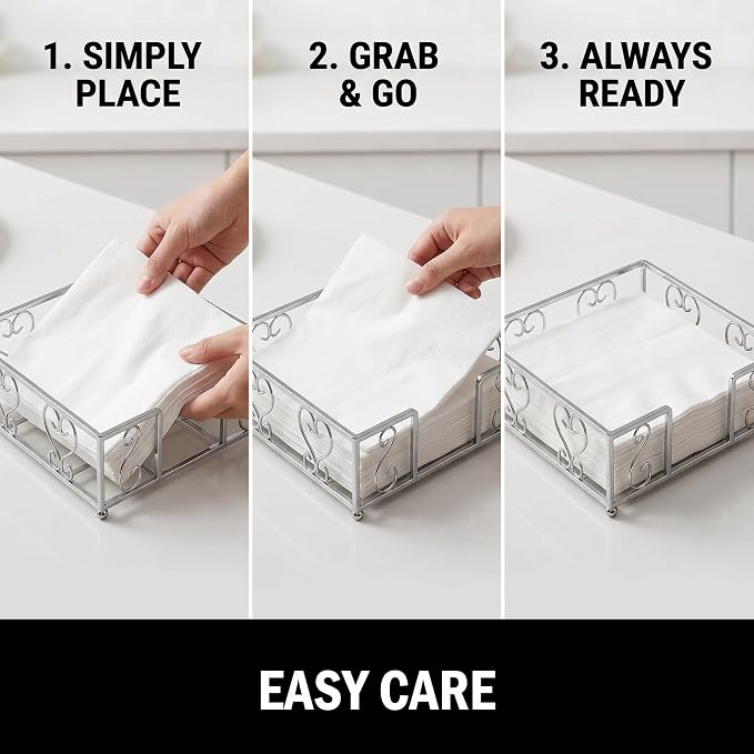 Flat Napkin Holder for Table, Silver Metal Weighted Paper Caddy | Lunch Napkins, Dinner Napkins & Everyday Use