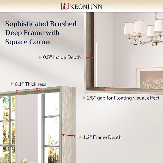 Keonjinn 48x40 Inch Nickel Bathroom Mirror for Over Sink, HD Tempered Glass | Rectangular, Vanity Mirror, Brushed Framed, Square Corner, Modern Farmhouse, Wall Mounted Mirrors, Aluminum Alloy