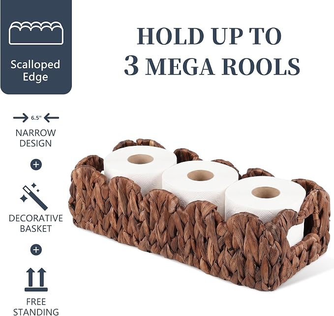 Toilet Tank Basket for Bathroom,Scalloped Edge Wicker Basket for Toilet Paper Storage,Small Baskets for Countertop,Shelves,Living Room,Bedroom,Bath Organizer&Decor,Water Hyacinth,Brown,2 Pack