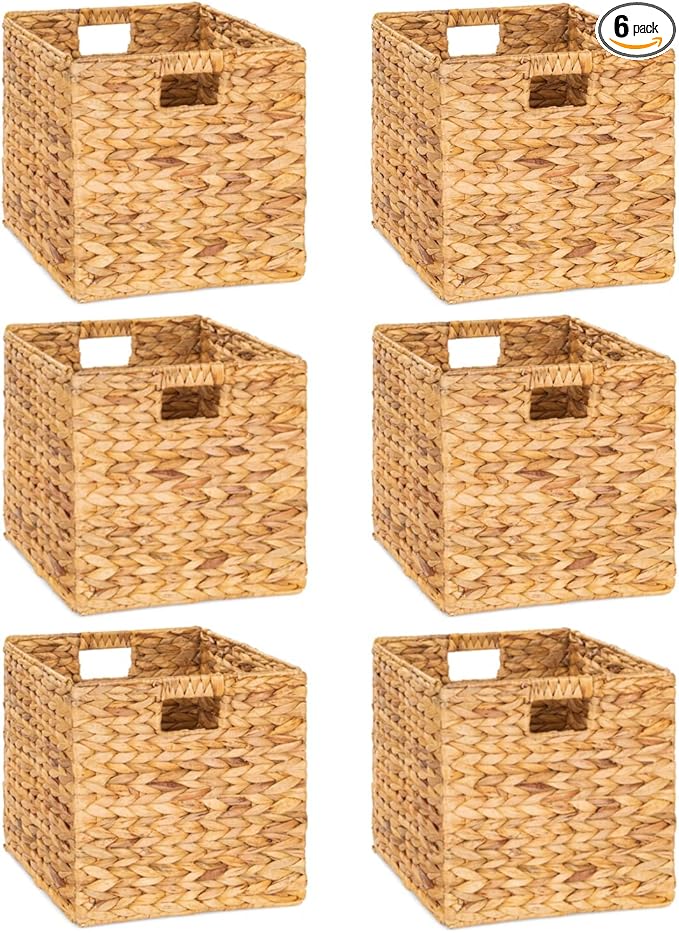 M4DECOR 12 x 12in Water Hyacinth Storage Baskets, Wicker Storage Baskets for Shelves, Woven Baskets for Storage, Wicker Storage Basket for Bedroom, Living Room, Nursery Room (Natural 6 Packs 12x12in)