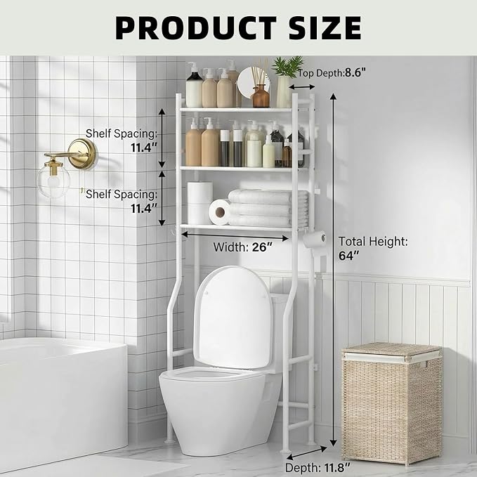 GloTika 3-Tier Over Toilet Storage, Anti-Tilt, 64" H, White | Anti-Tilt Safety System, 150lb Capacity, Carbon Steel, Freestanding, No Drilling, Anti-Rust Coating, Paper Holder & 4 Hooks