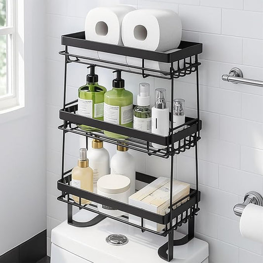 PowerKing Over The Toilet Storage Shelf, 3 Tier Bathroom Organizer, Black | No Drill Installation, Rust Resistant Steel, 2 Hanging Hooks, Toilet Paper Holder, Restroom Bathroom Space Saver