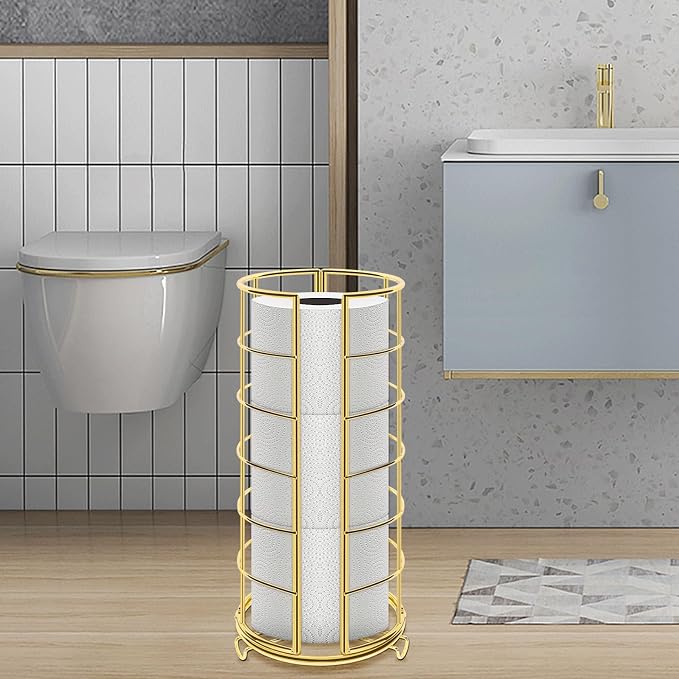 NearMoon Toilet Paper Organizer Stand, Free Standing 3 Rolls Tissue Storage, Metal Bathroom Accessory, Rustproof Toilet Roll Holder for Kitchen Countertop Inside Cabinet Shelf(Metal Base, Gold)